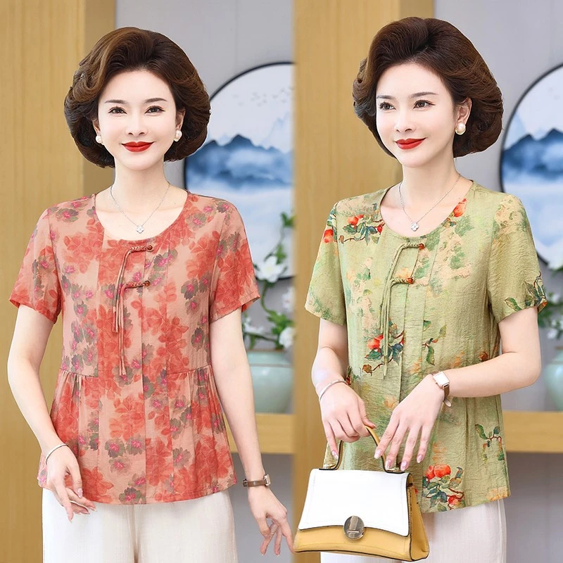 小个子中年妈妈夏装洋气雪纺T恤衫2025新款中老年女薄款国风上衣