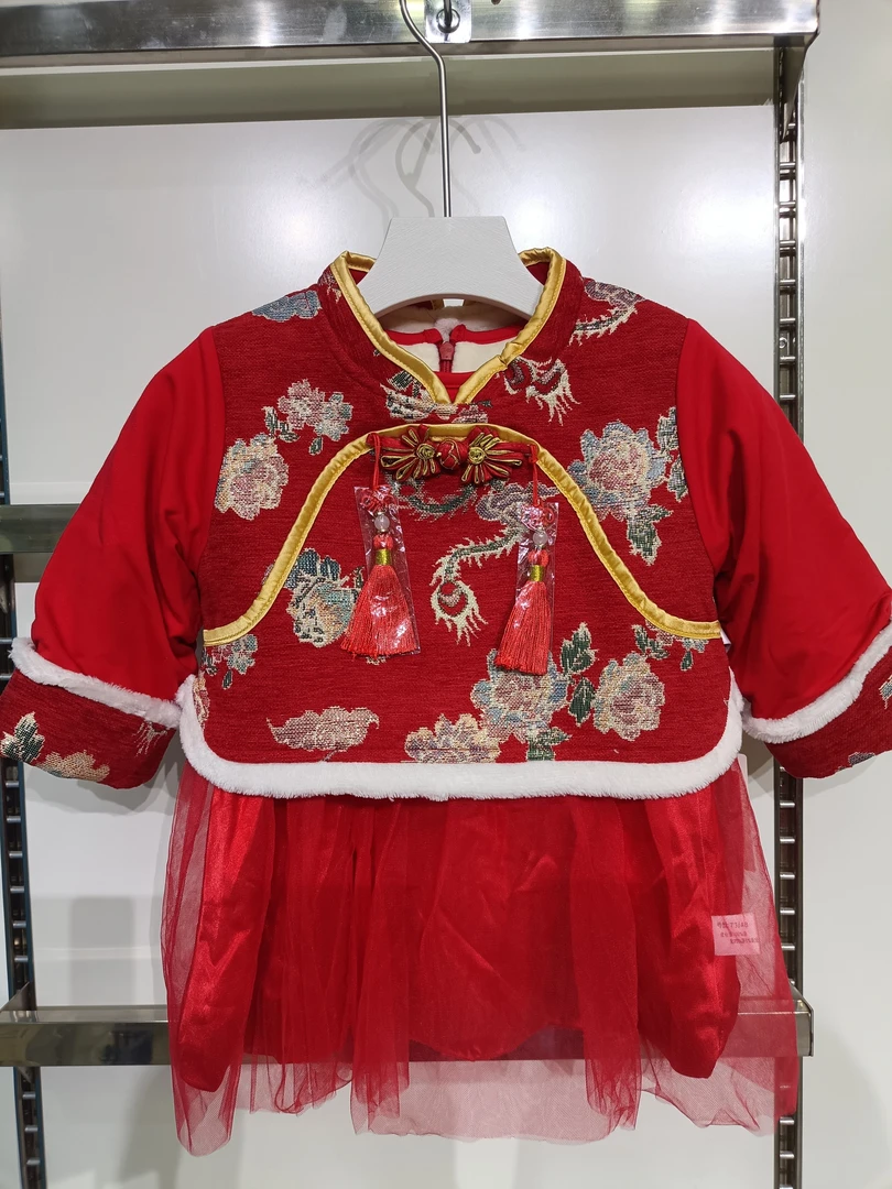 新款冬季加厚保暖女童中国风周岁抓周唐装连衣裙两件套