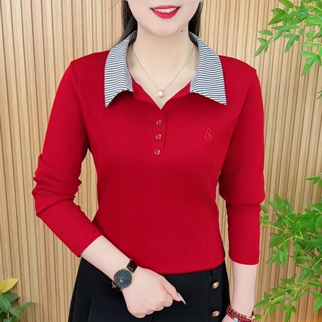 春季新款翻领打底衫t恤女洋气百搭休闲减龄长袖薄款小衫