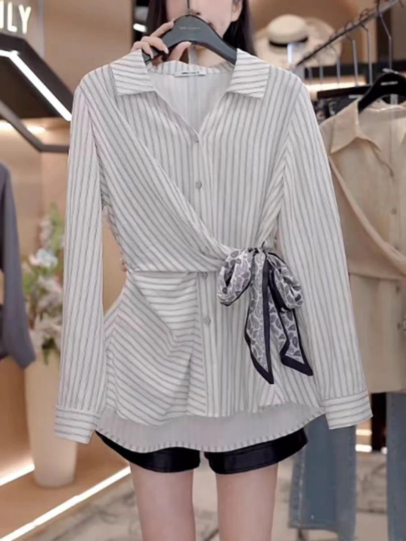 韩版绑带收腰条纹衬衫女2025秋季新款时尚设计感小众显瘦长袖上衣