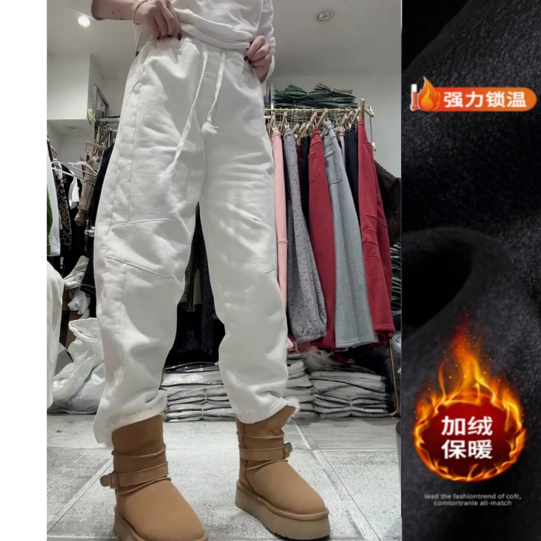 景倩妮白色洋气压褶哈伦休闲裤2025年冬季新款加绒显瘦九分萝卜裤