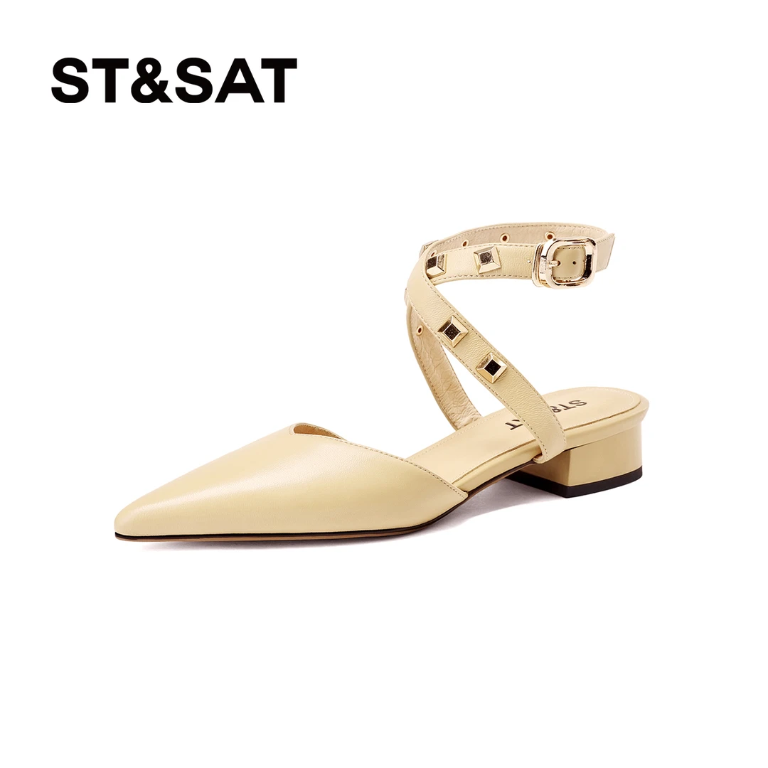 星期六【轻奢羊皮】铆钉尖头气质女士凉鞋时尚百搭粗跟春夏季新款女