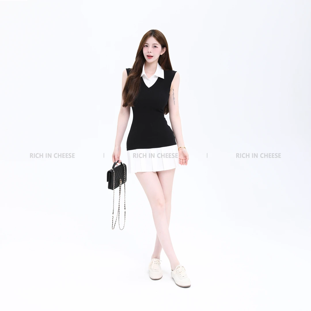 舒胡蕾 私立校花【无袖版】 Miu系气质学姐撞色假两件连衣裙