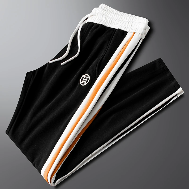 轻奢高端夏季轻薄透气垂感黑色休闲裤男款修身撞色直筒长裤男卫裤