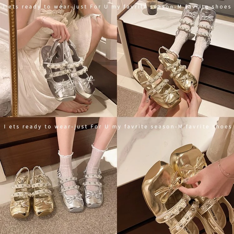 【llll】法式芭蕾梦幻蝴蝶结珍珠凉鞋2025夏新款百搭包头玛丽珍单鞋