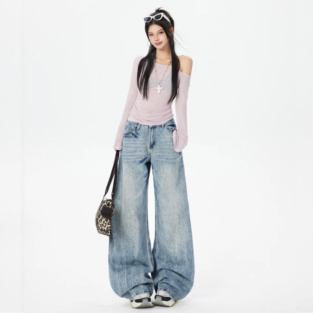 GL 手工洗水工艺牛仔裤秋冬新款美式复古百搭重工弯刀宽松阔腿裤