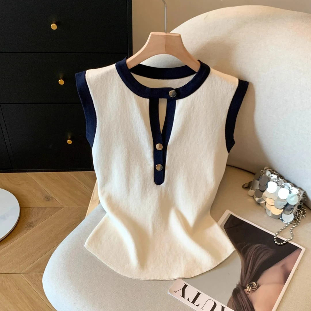 时尚百搭撞色纽扣圆领无袖针织衫背心夏季新款修身显瘦薄款上衣潮