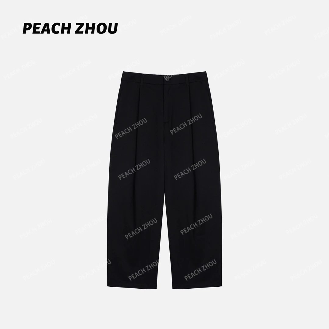 『PEACHZHOU』莫代尔羊毛压褶宽松系扣西装休闲裤通勤阔腿九分裤女