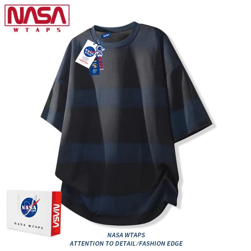 NASA WTAPS条纹短袖t恤男小众设计感通勤体恤衫夏季宽松百搭上衣
