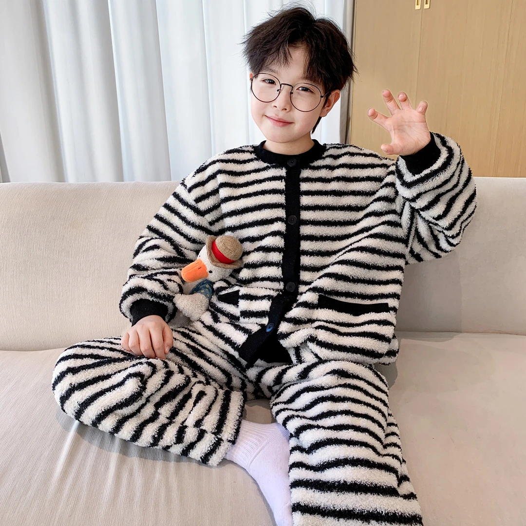 儿童装男童睡衣秋冬款冬季加厚加绒男孩珊瑚绒中大童家居服法兰绒
