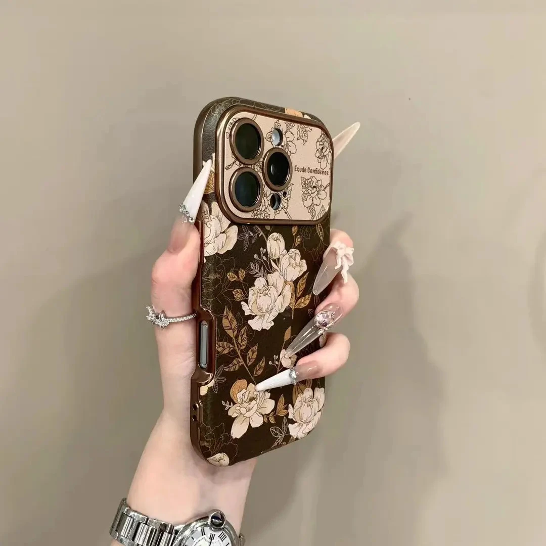 复古棕油画立体花朵适用苹果16promax大视窗手机壳iphone17新款15
