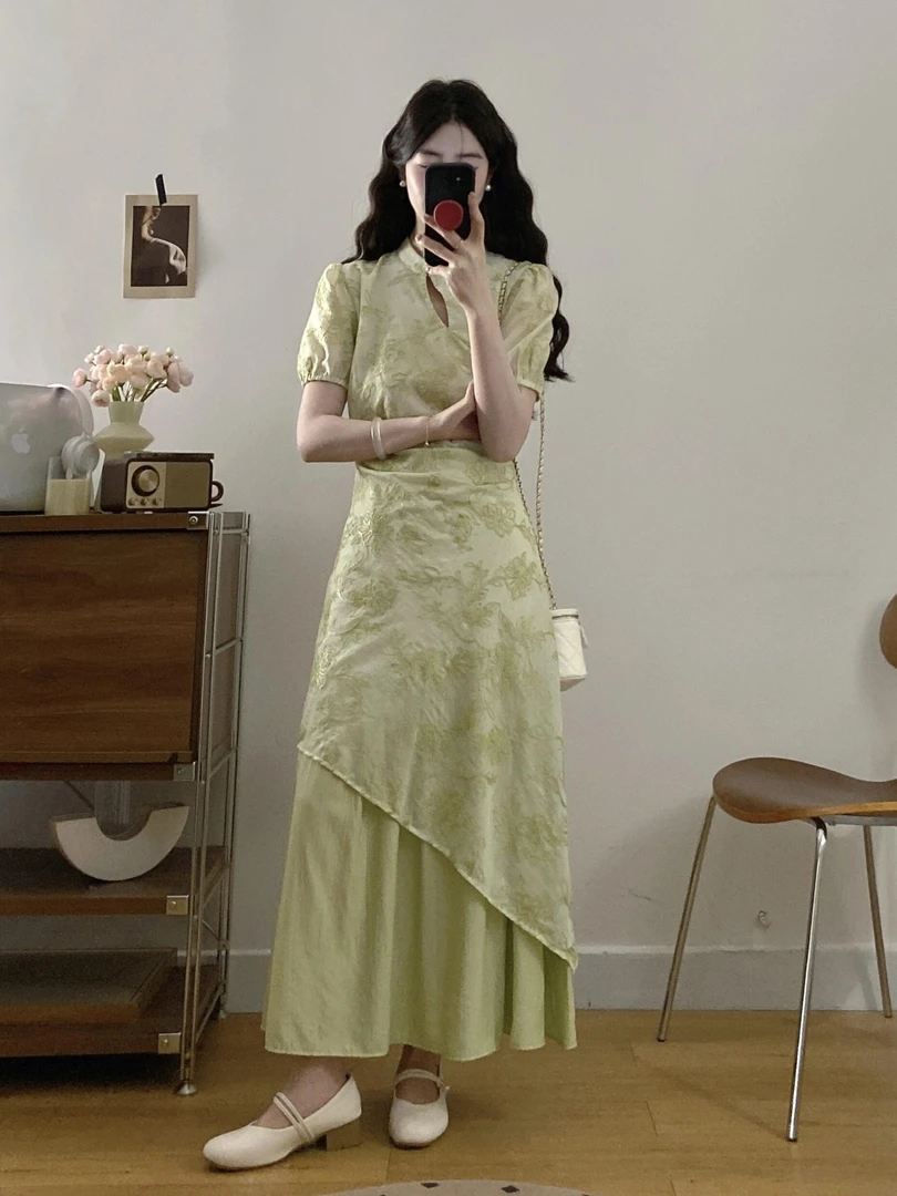 夏季大码胖妹妹高级感国风刺绣假两件裙子女新中式复古显瘦旗袍裙