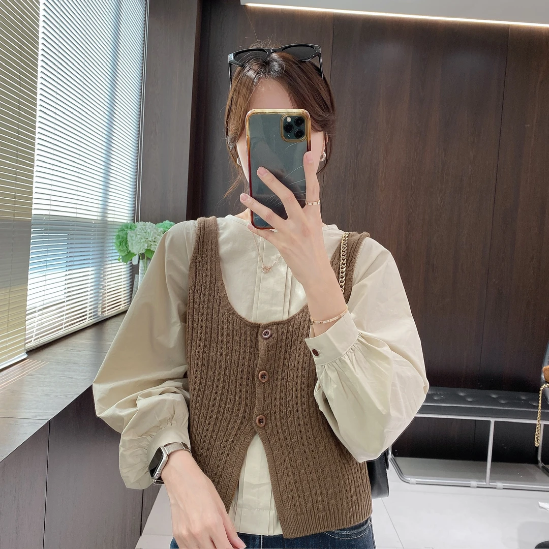 IMFLY金小金自制女装 套装DYW9697韩版灯笼袖衬衫+针织马甲两件套