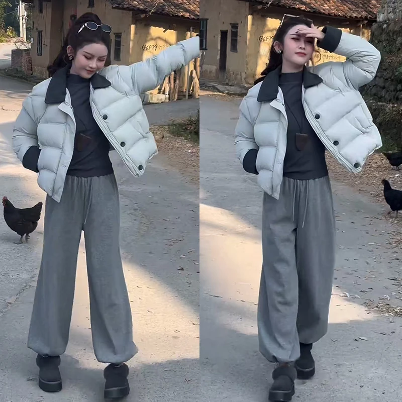 2025年冬季穿搭一整套韩系翻领百搭减龄棉服高腰休闲裤两件套装