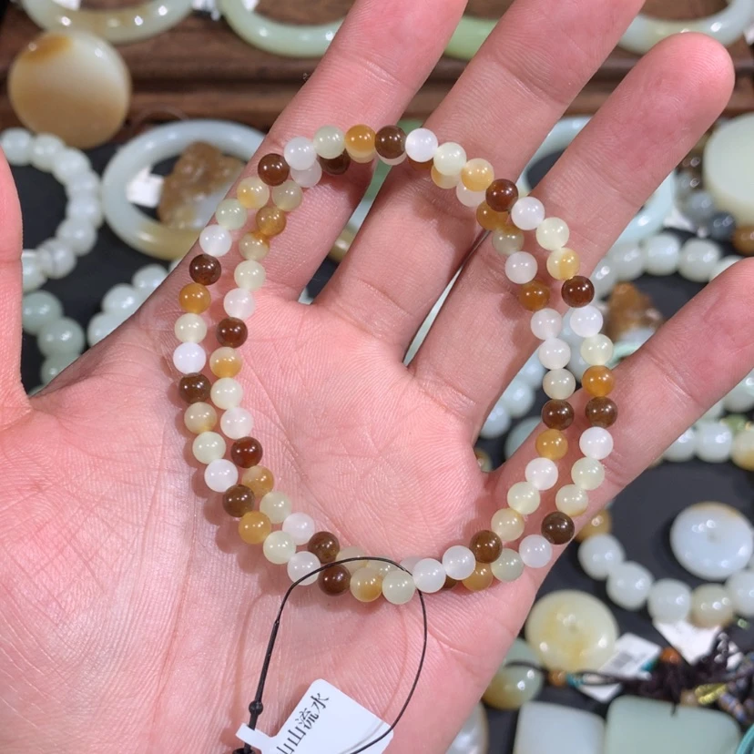 【闪购商品】和田玉手链未镶嵌每****肉新疆且末山流水俏色双圈手串