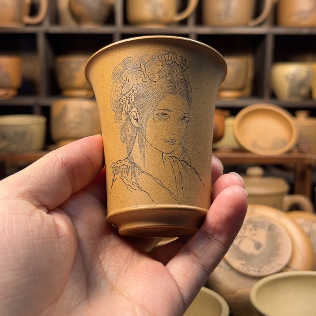 紫砂杯子梦***…无锦盒美女刻绘紫砂主人杯