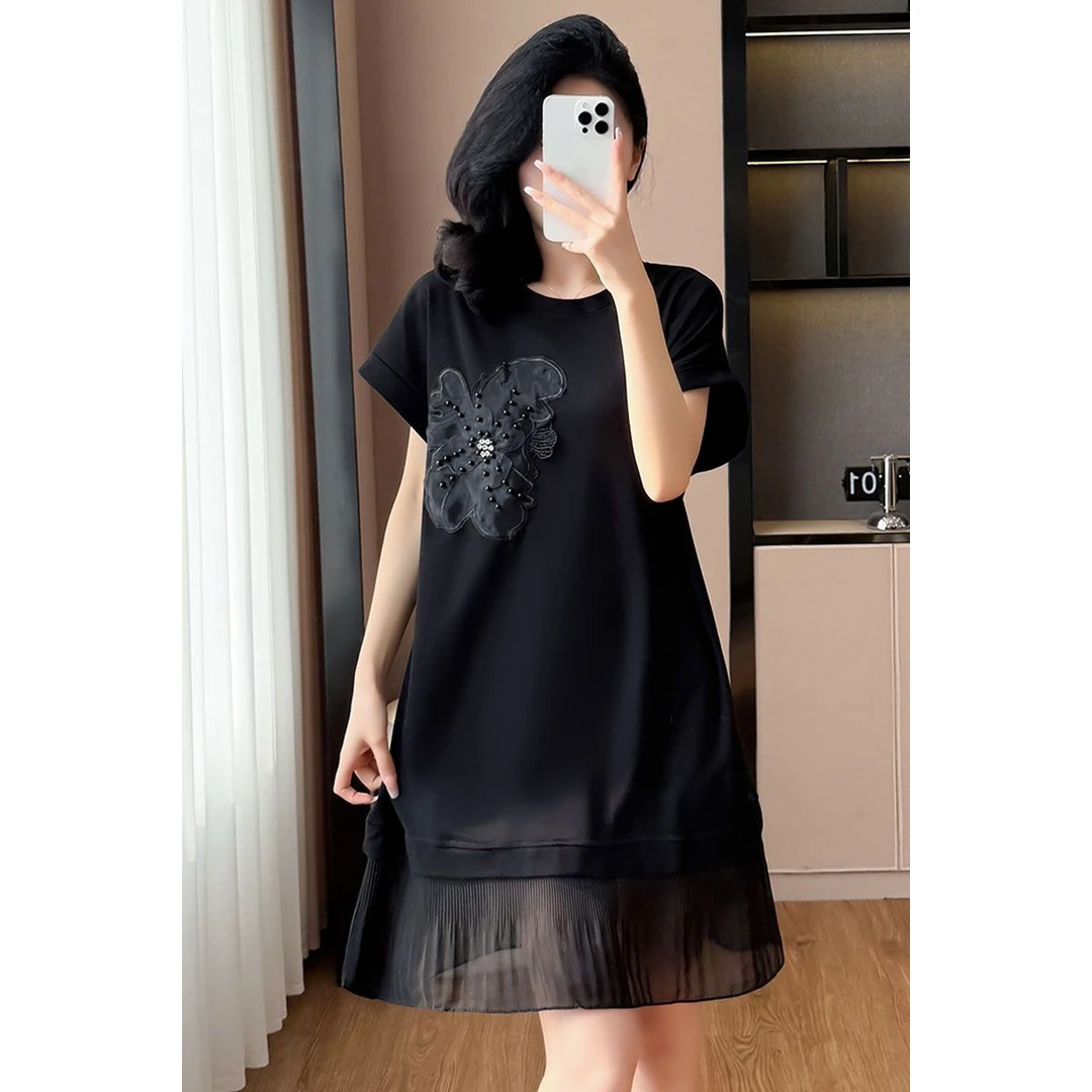 法式高级感洋气卫衣女夏季大码宽松设计感立体花朵T恤连衣裙