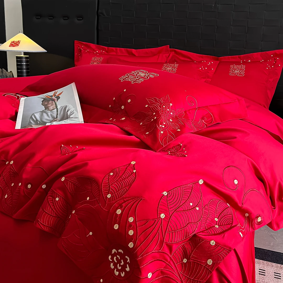 大红色被套四件套新中式结婚新婚庆喜嫁床上用品高档婚房陪嫁床单
