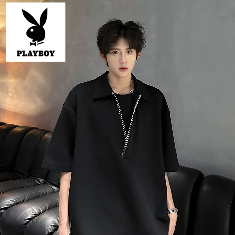 花花公子假两件设计感男装潮流polo衫T恤明线V领宽松韩版短袖上衣