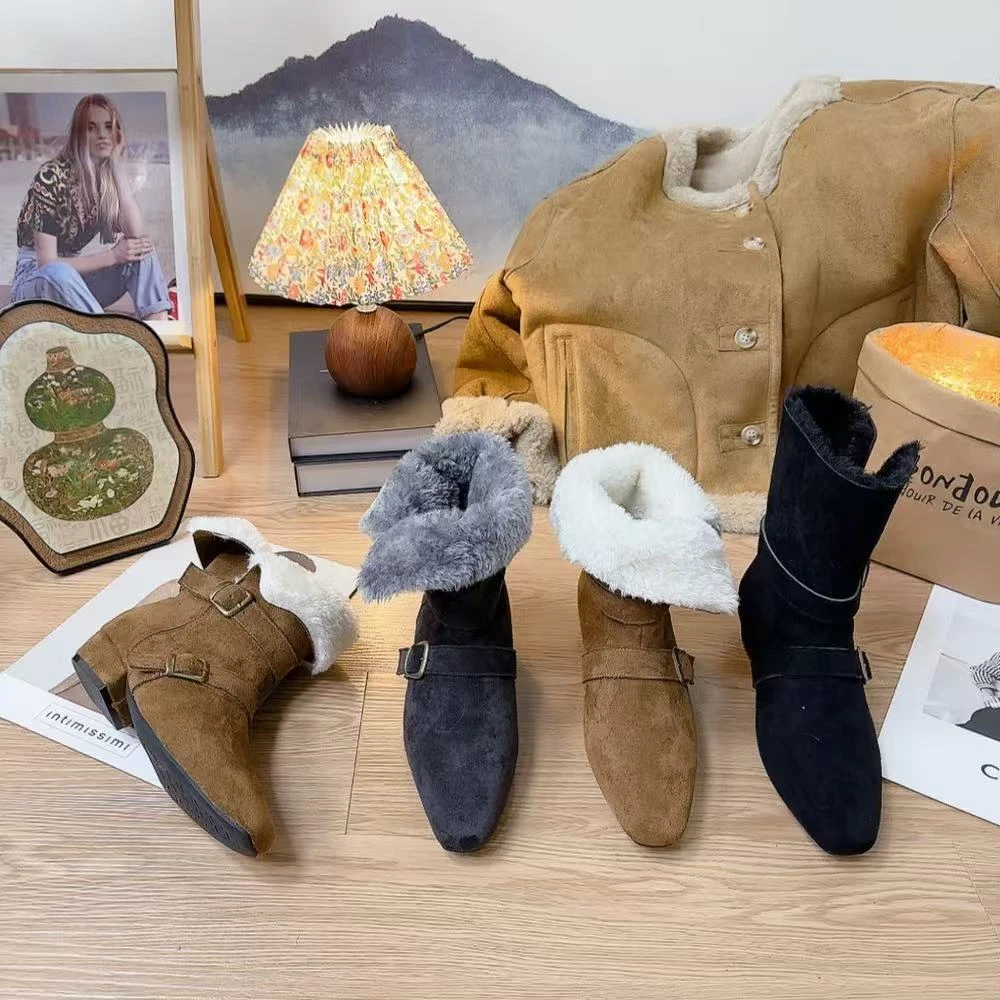 X2501韩系复古扣子一鞋两穿机车雪地短靴