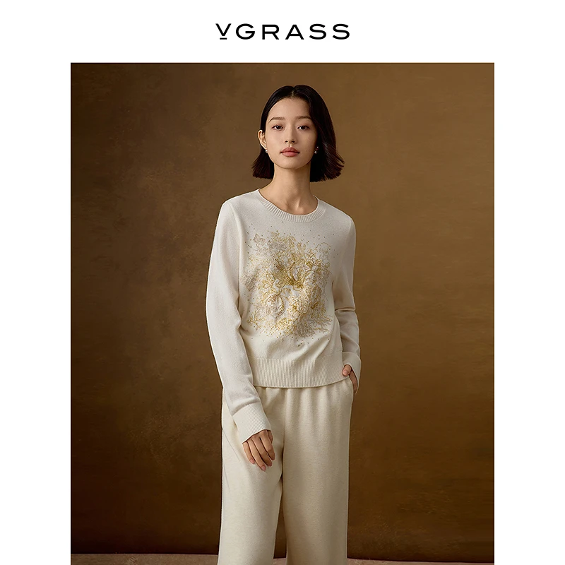 VGRASS维格娜丝冬季新款羊毛羊绒匠心刺绣圆领针织衫VZZ4P4656A