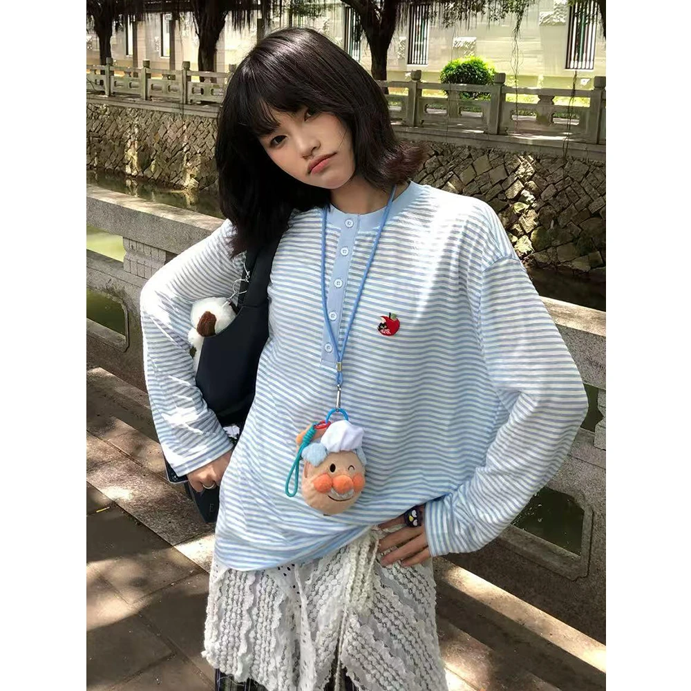 设计感韩系小苹果刺绣条纹薄款罩衫长袖T恤女夏季宽松防晒上衣