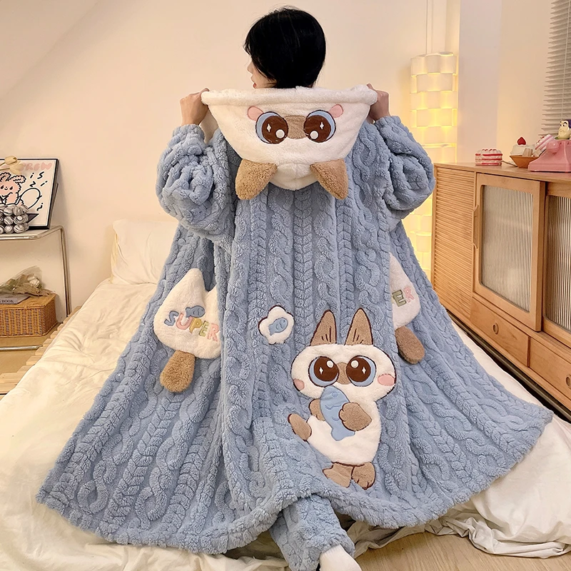 珊瑚绒睡衣女款秋冬季加厚加绒冬天法兰绒睡袍可爱小猫家居服套装