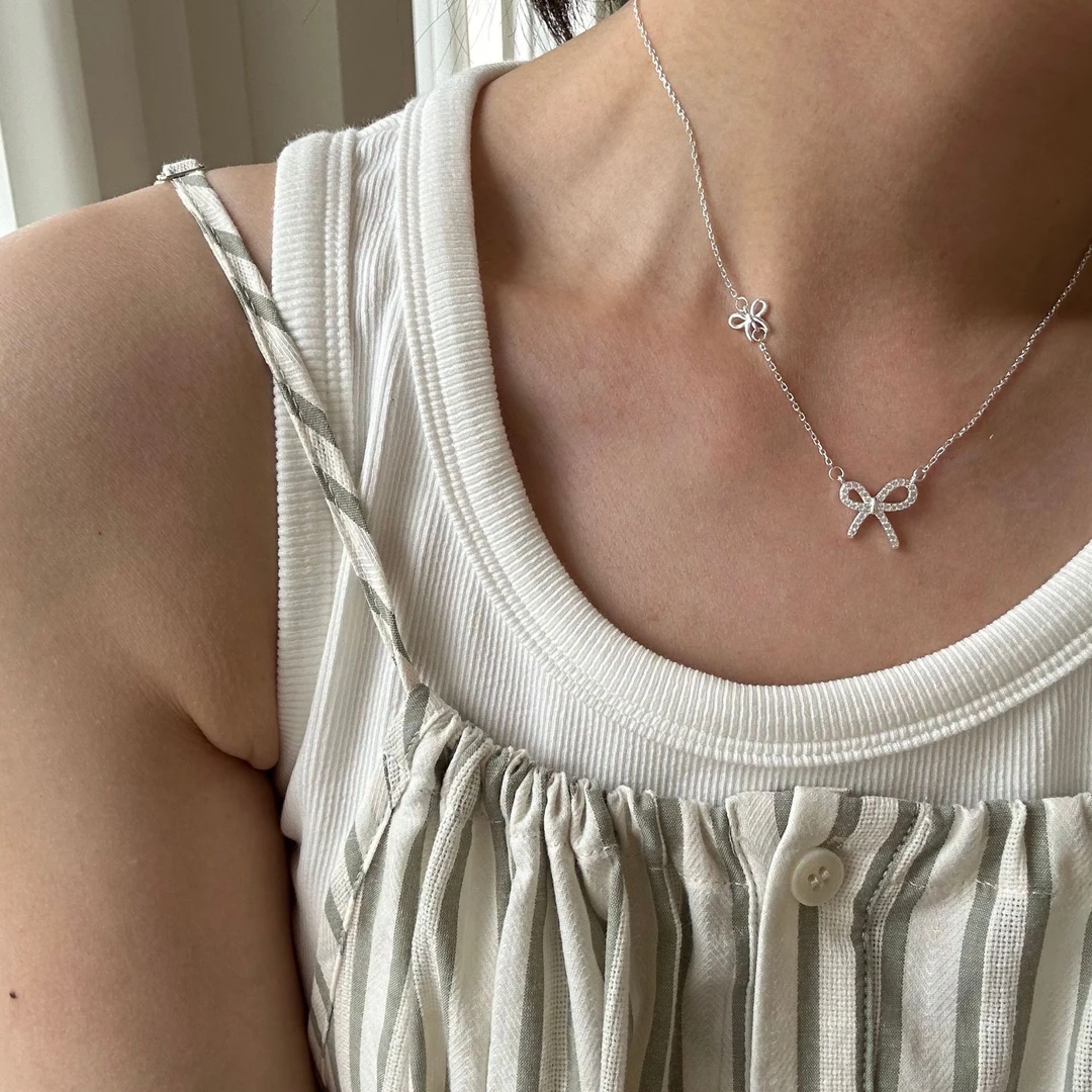 坠链均925银锆石 925银蝴蝶结镶钻项链女简约亮银色韩国银饰项链