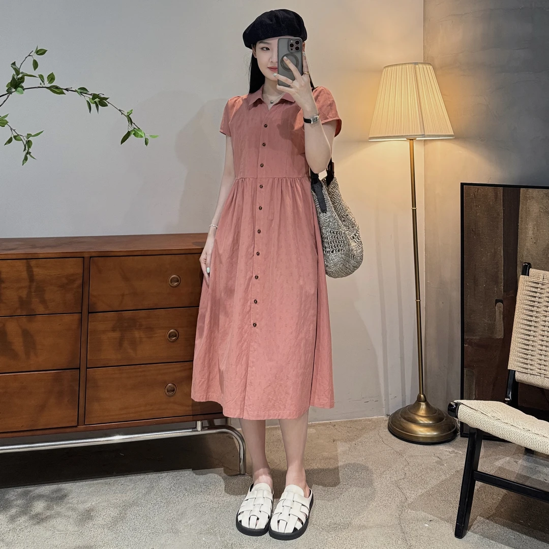 今婷韩版休闲简约慵懒风中长款宽边显瘦翻领纯色连衣裙-M25217302