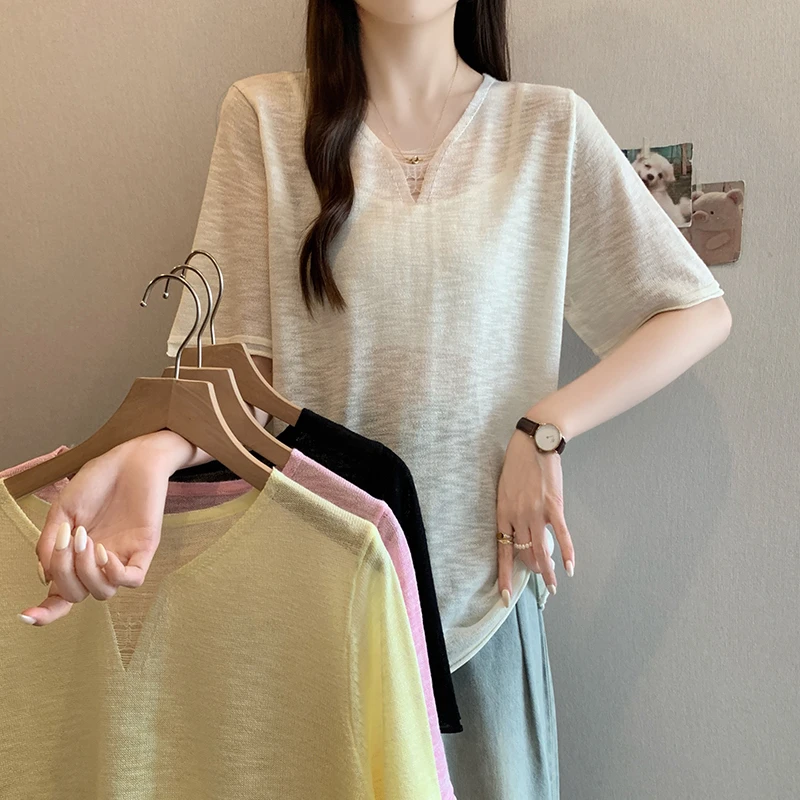 大码女装2025夏装新款宽松显瘦针织上衣胖mm百搭冰丝短袖T恤3971