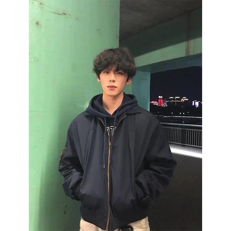 美式cleanfit外套男款春秋潮牌短款bomber飞行员夹克藏青色棒球服