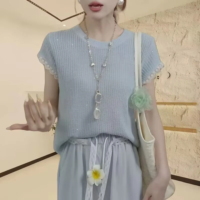 花倾慕欧若风薄款针织T恤女款2025年夏季新款蕾丝拼接短袖上衣525