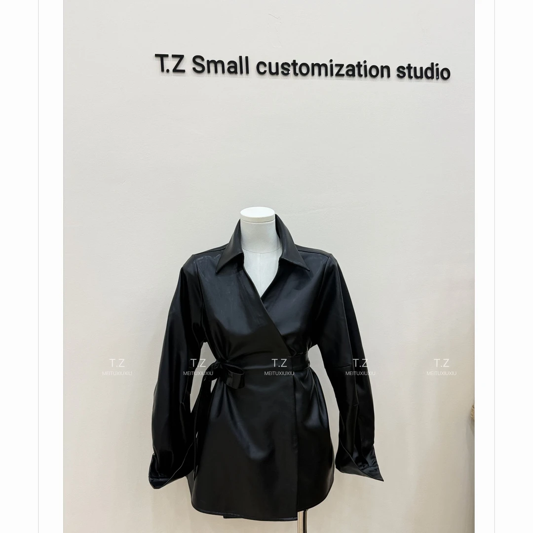 【婷子定制】~150小个子春款气质酷飒翻领皮衣衬衫外套B1119