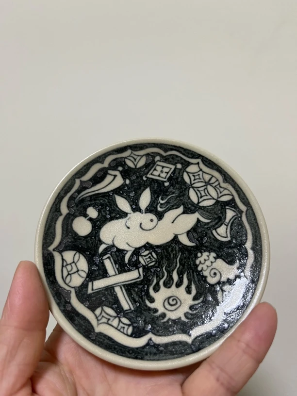 幽蓝溪堂元青花2号釉手绘玉兔杂宝盖陶瓷置杯垫花纹小盘