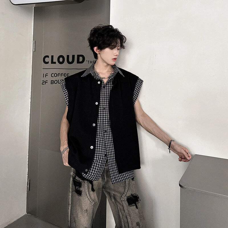 夏季韩版格子衬衫拼接假两件短袖T恤男小众无袖马甲设计重磅半袖t