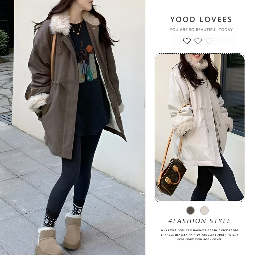 韩版气质撞色拼接毛领中长款棉服女2025新款冬季保暖抽绳收腰外套