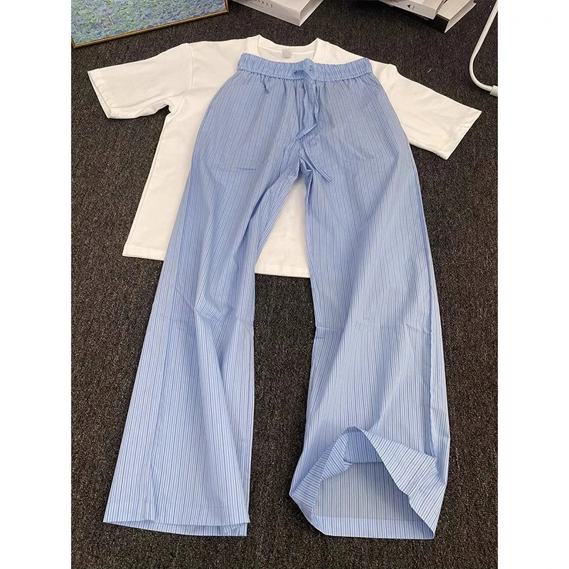 蓝色竖条纹冰丝裤子男夏季薄款松弛感慵懒风直筒裤美式速干微喇裤