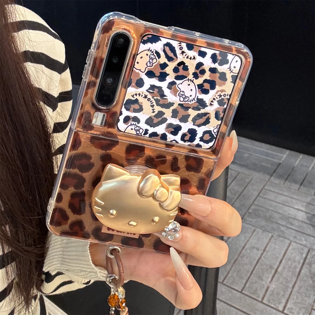 适用华为purax典藏版折叠屏手机壳pocket2美拉德豹纹金色kt猫支架