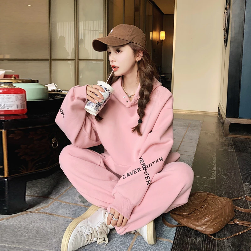 字母印花卫衣套装裤女2025春秋新款可盐可甜韩系慵懒风连帽两件套