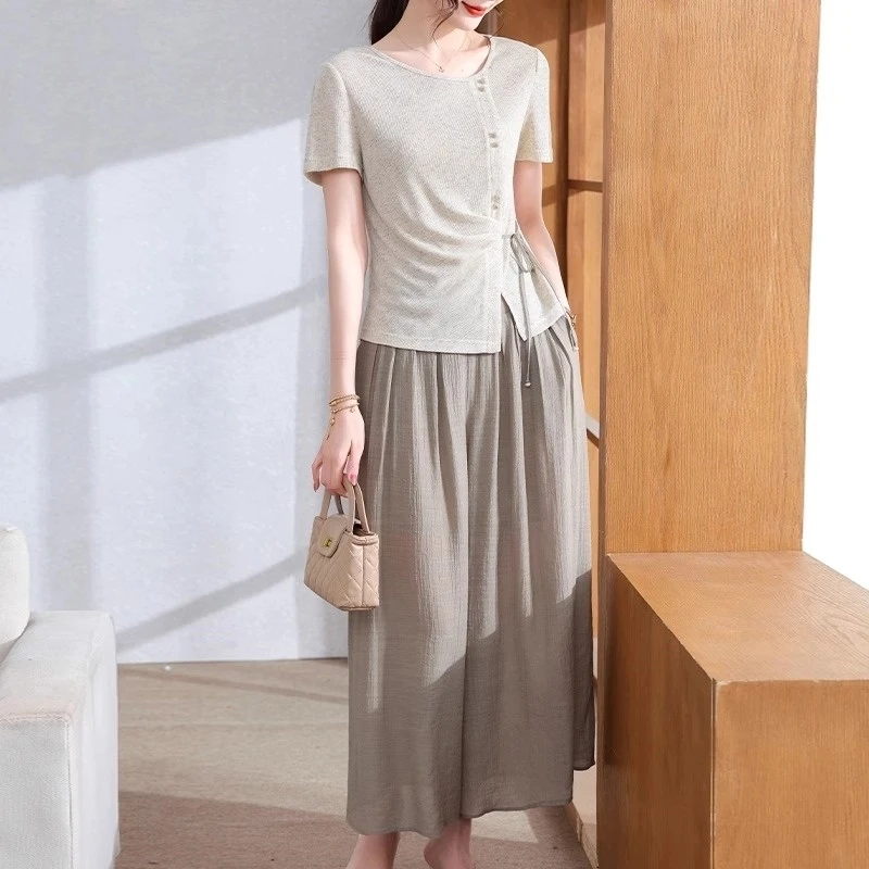 妈妈夏装优雅气质两件套2025新款中老年女装休闲短袖小衫阔腿裤裙