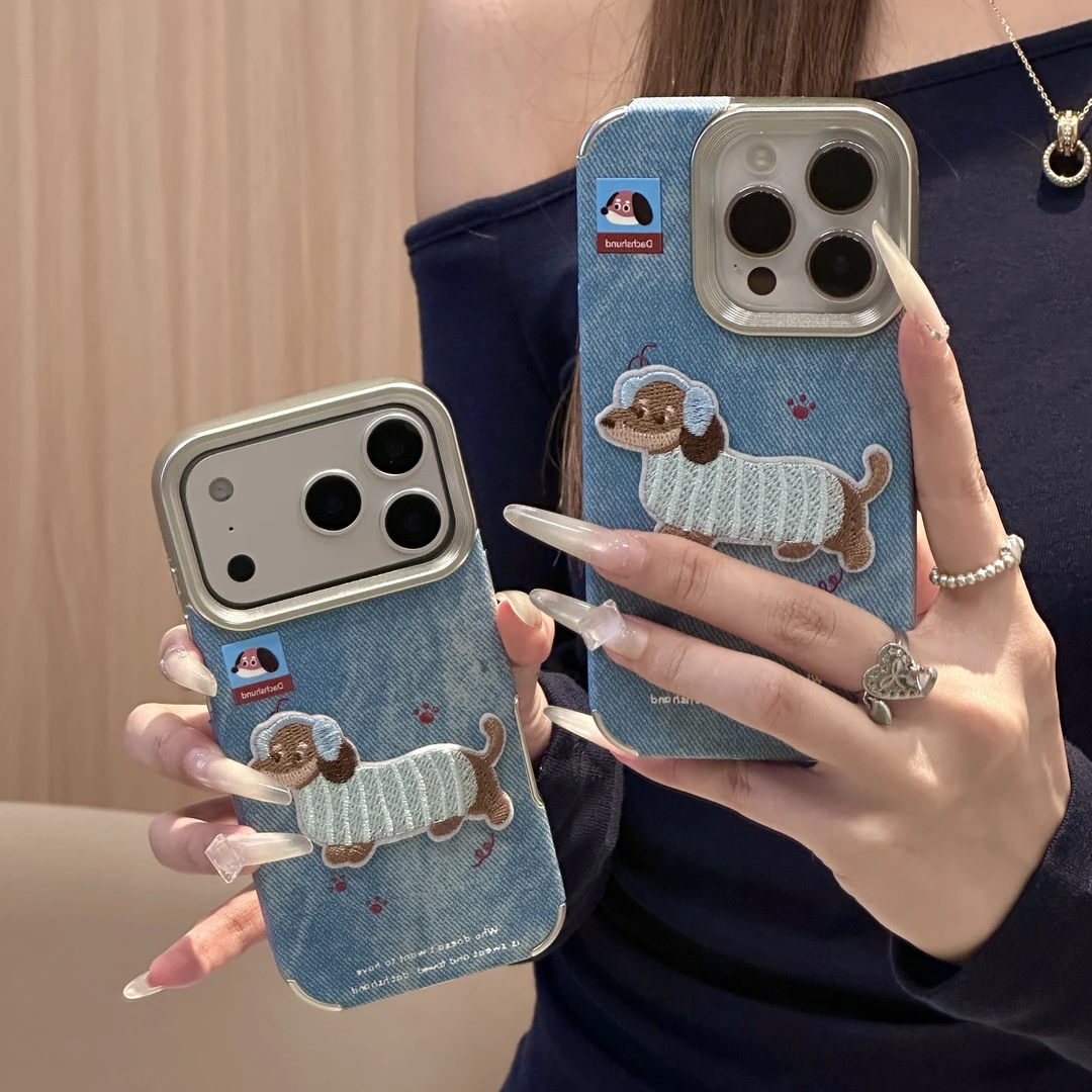 雅天立牛仔纹刺绣小狗适用苹果17手机壳16复古华为vivoppo小米15