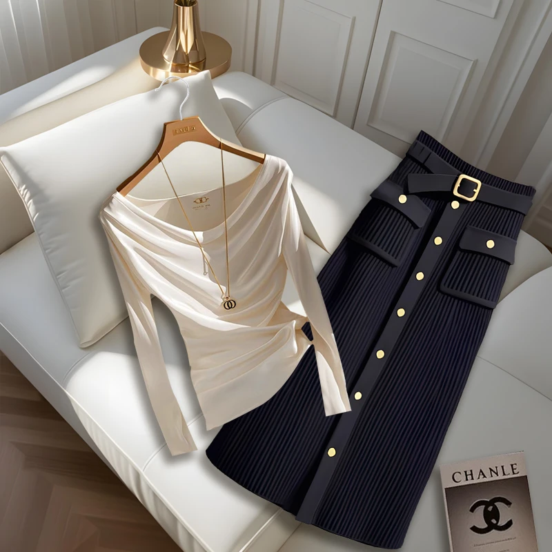 2025春季时尚高级感超好看褶皱修身衬衫女轻熟感好看半身裙两件套