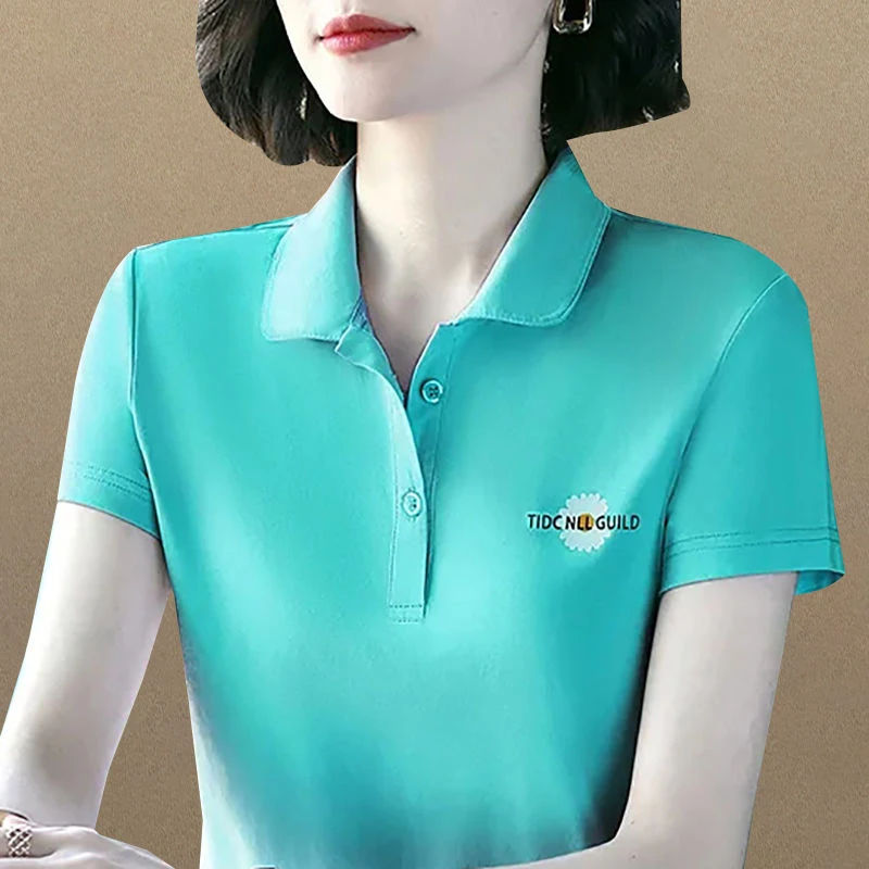 A29湖蓝色品质妈妈翻领短袖t恤女夏季polo中年人运动休闲上衣大码