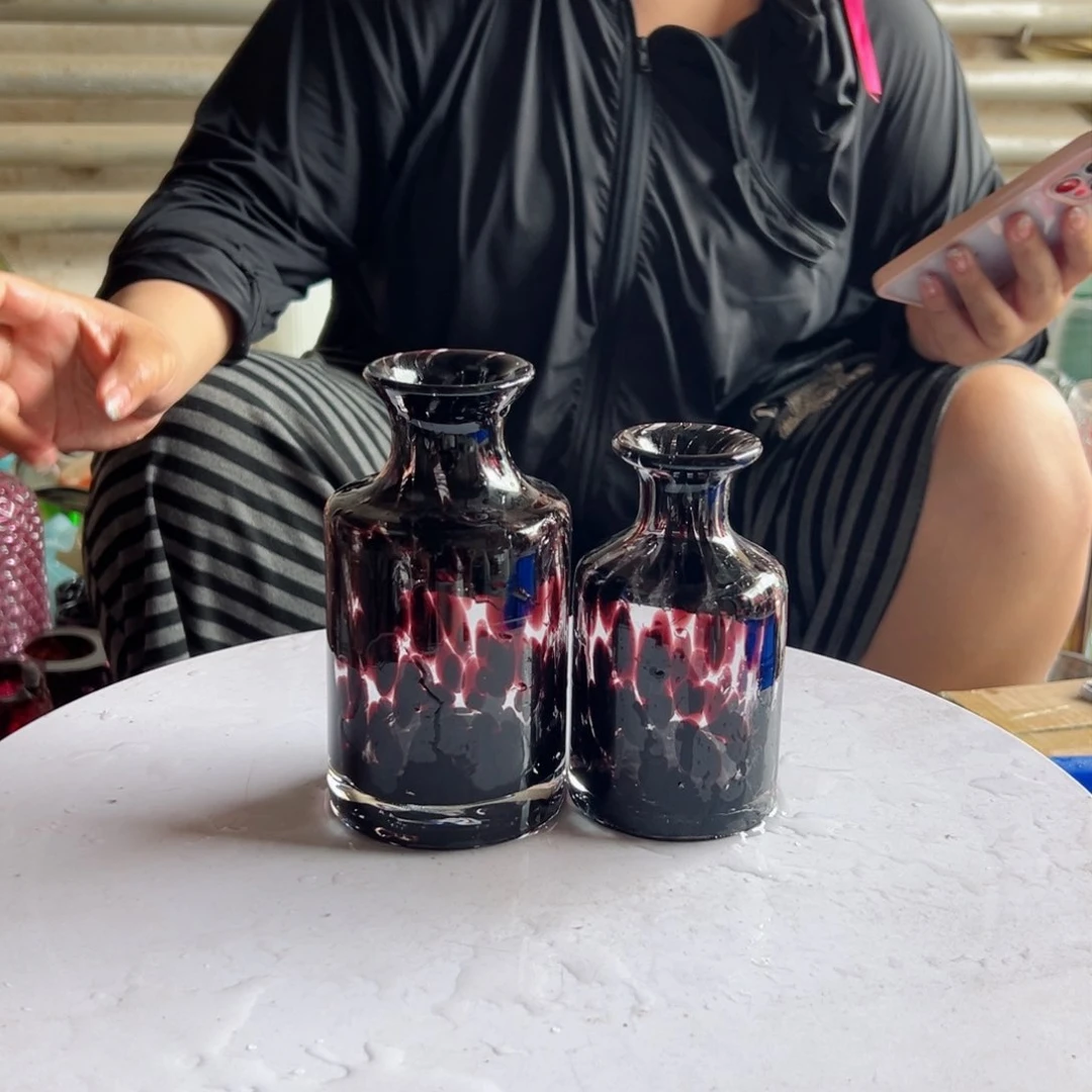 透明黑紫琉璃花器摆件一对微瑕