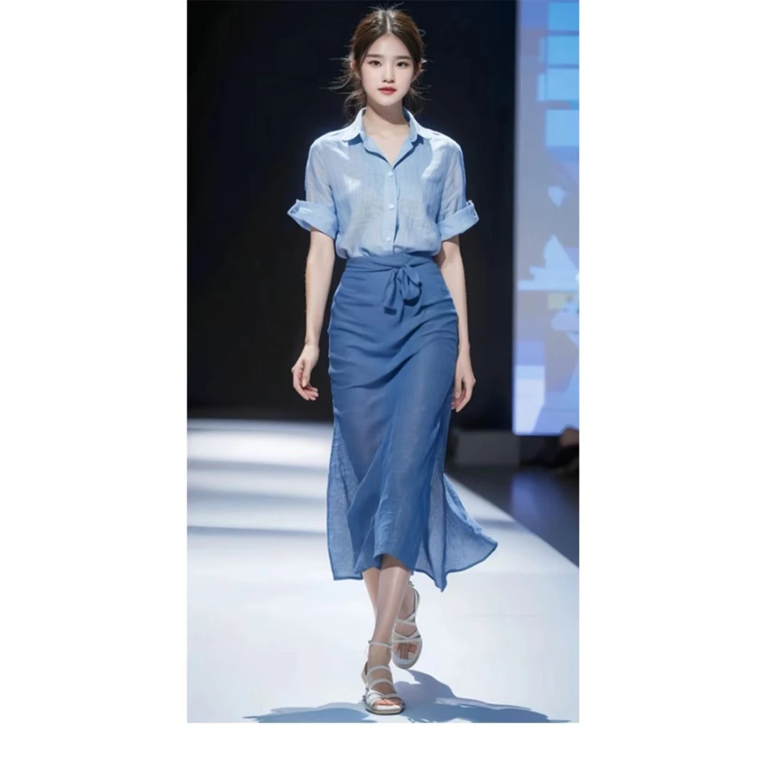 夏装搭配一整套今年流行漂亮休闲慵懒蓝色亚麻短袖衬衫两件套装女