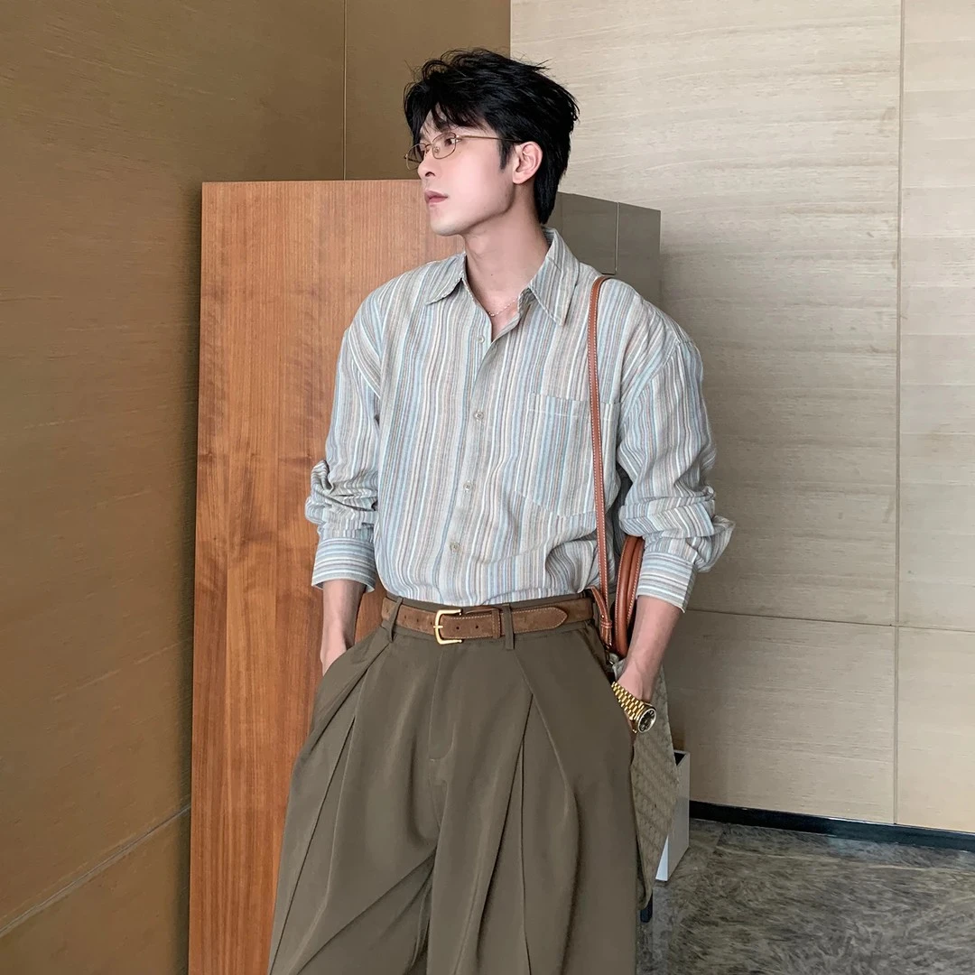 一轩轩轩【纱幔摇曳】春秋设计感超好看长袖翻领拼色条纹衬衫高级感