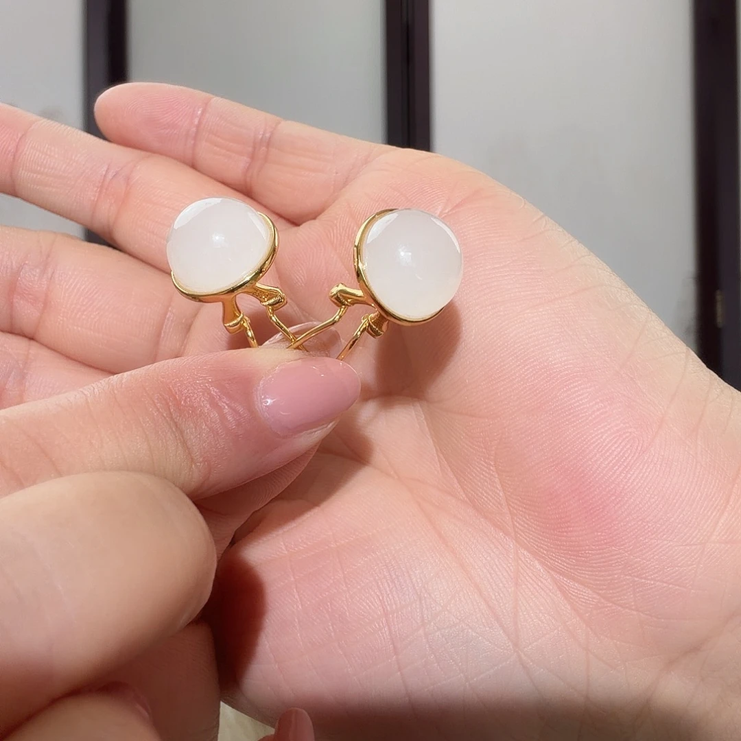 和田玉（白玉）银S925镀金镶嵌耳饰