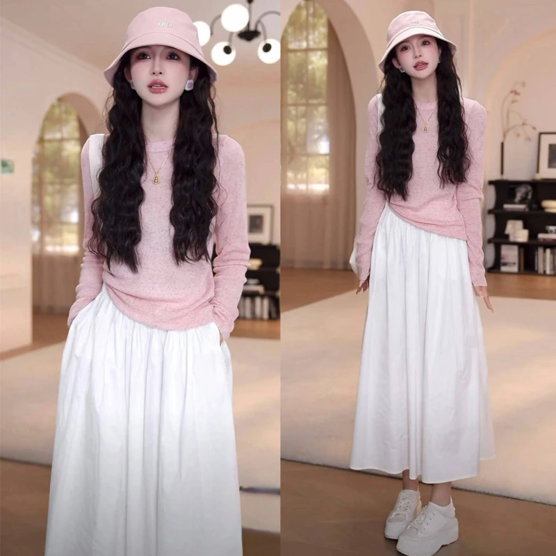 温柔开春穿搭套装春夏新款韩系减龄长袖针织上衣百搭半身裙两件套