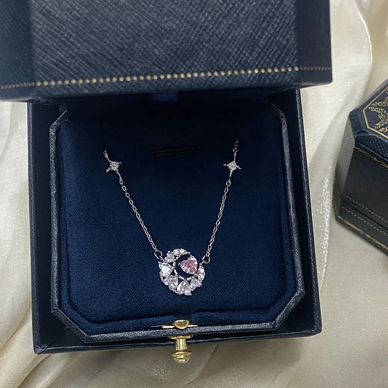 坠链均足银 999纯银幻梦星月粉色浪漫少女爱心项链送闺蜜生日礼物