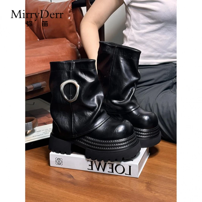 欧货高端擦色松糕厚底女圆头增高中筒骑士靴靴子女中筒中筒靴秋冬